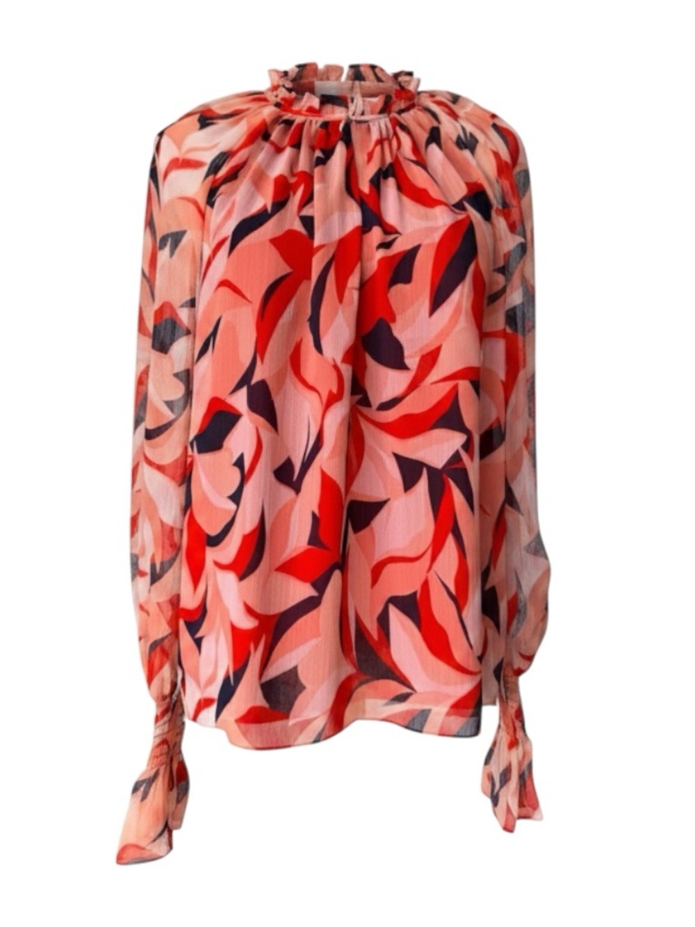 Ramy Brook Coral Pink Abstract Leaf Mock Neck Smocked Cuff Blouse Size S | NWT